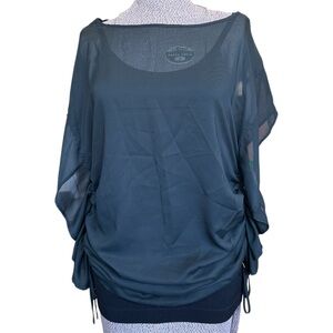 NWT Vertigo Sheer Black Chiffon Blouse Batwing Dolman Top Side Ruched Size Small